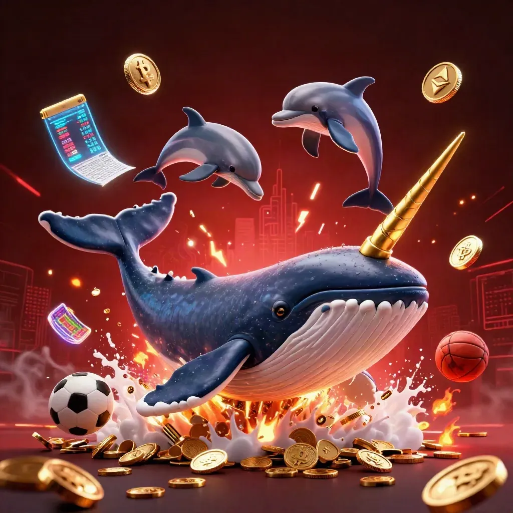 Whale captain, narwhal, and dolphins burst through coins with neon crypto and casino energy.