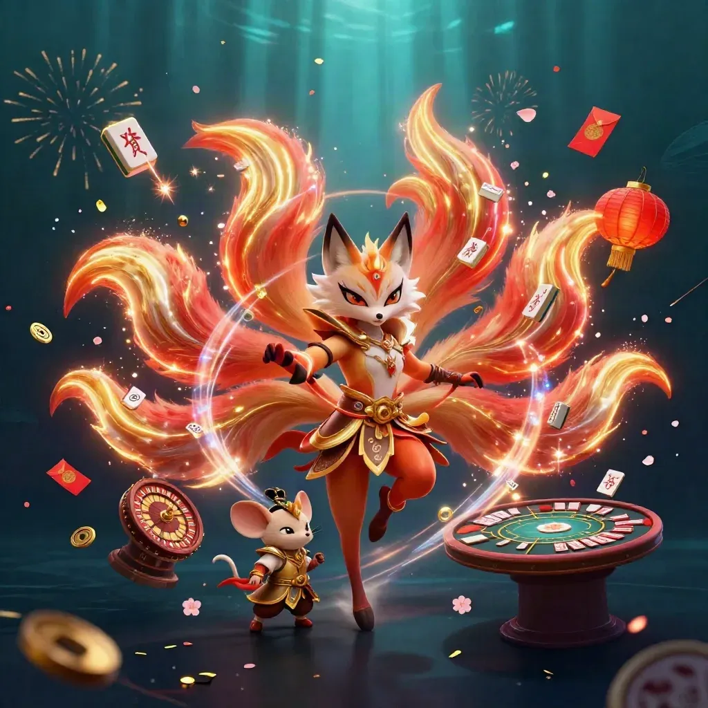 Nine-tailed fox spirit and golden mouse amid casino magic, coins, lanterns, and neon effects.