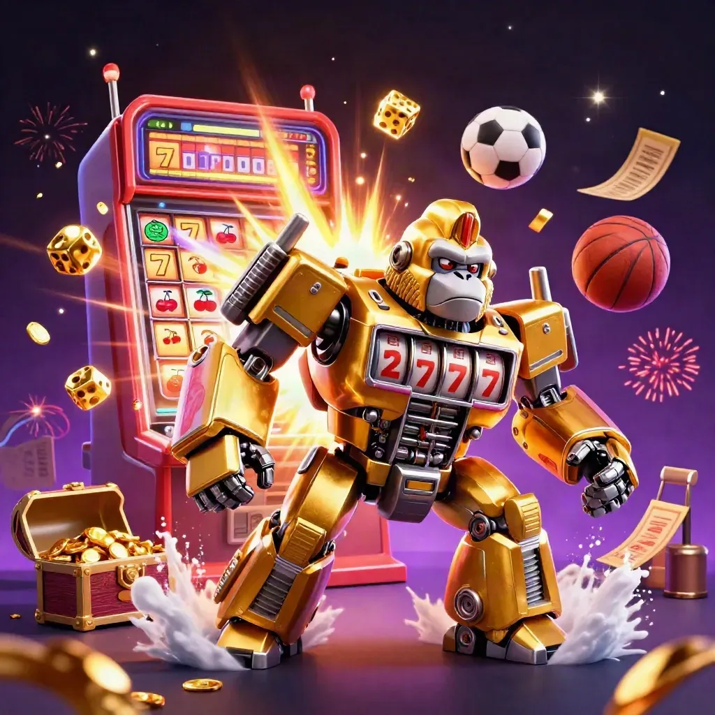 Golden gorilla slot-mech, monkey pilot, flying casino symbols, dice, gold, soccer ball and basketball.