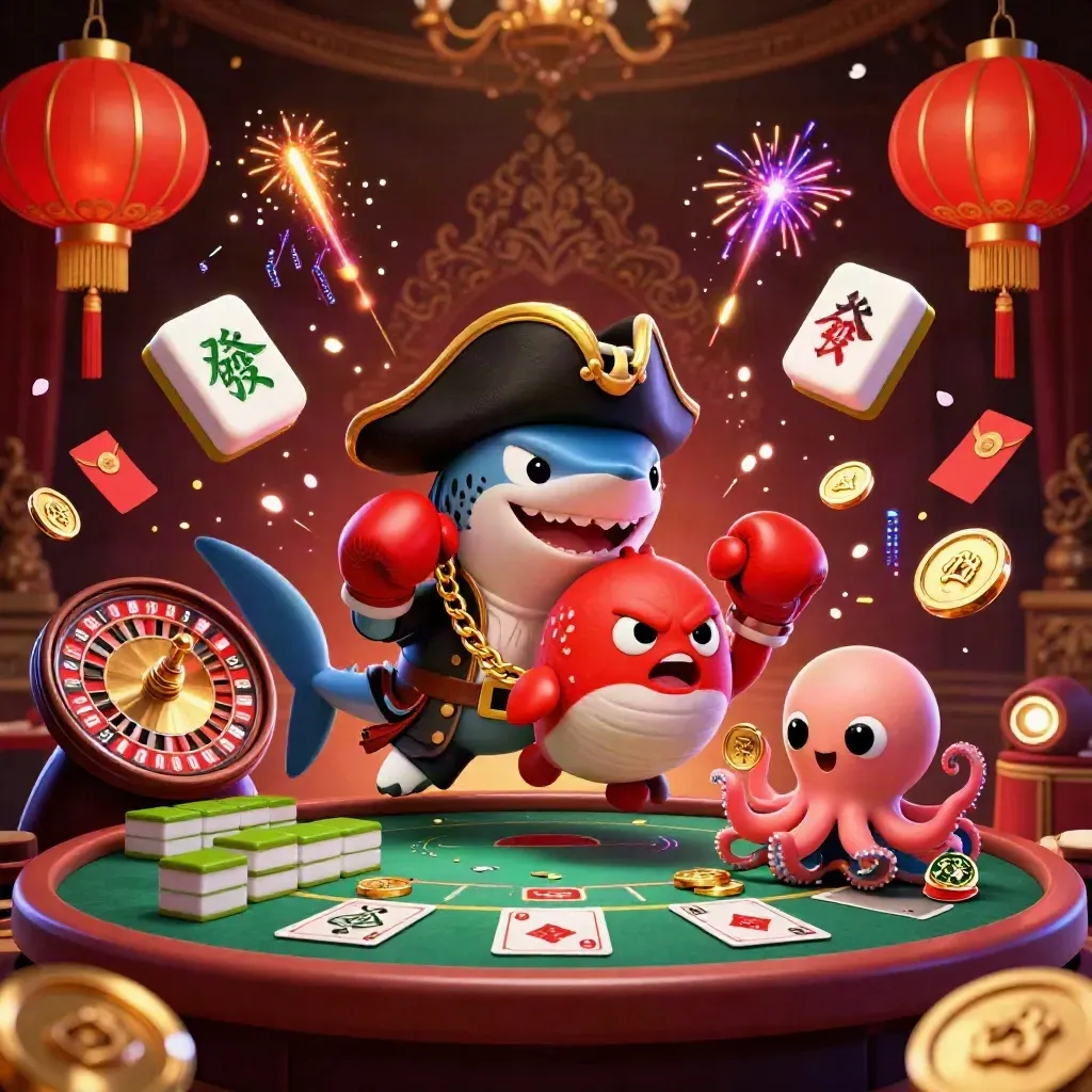 Pirate shark, boxing pufferfish, and coin-juggling octopus in a luxe neon casino splash.