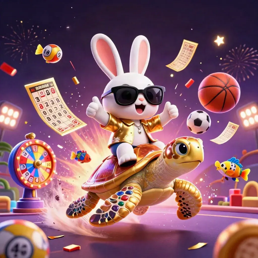 Lucky rabbit on jeweled turtle amid lottery balls, prize wheel, confetti, fireworks, and neon casino glow.