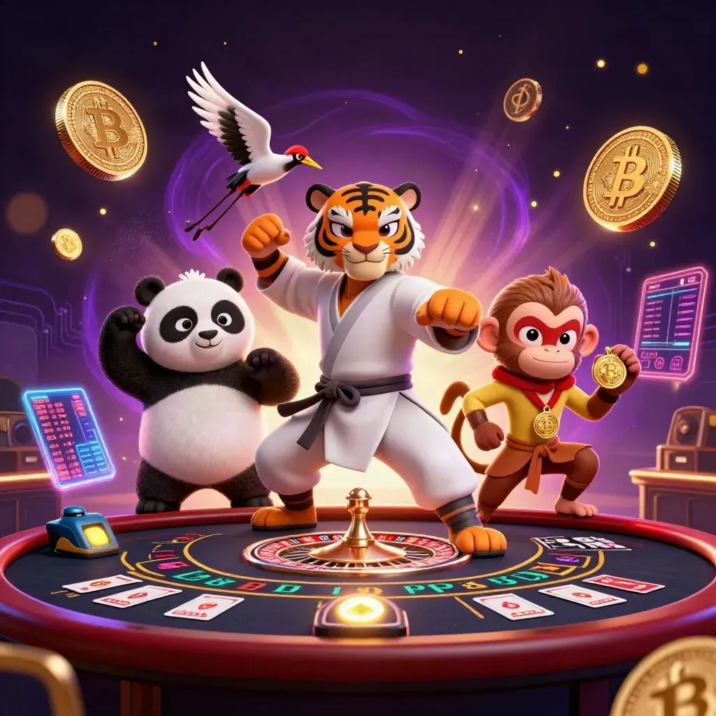 Kung-fu tiger, panda, and monkey in a neon casino with coins, charts, and a spinning roulette wheel