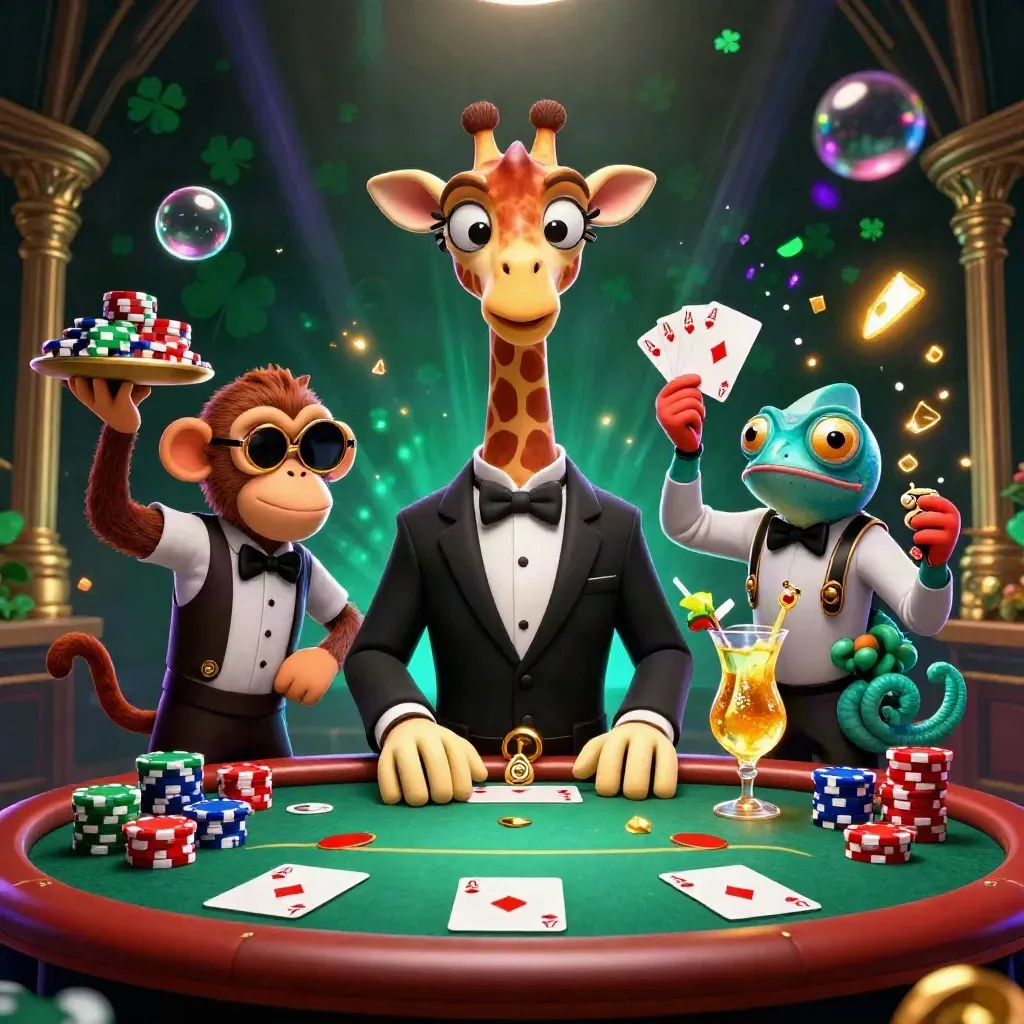 Giraffe, monkey, and chameleon at a glowing VIP poker table with chips and cards.