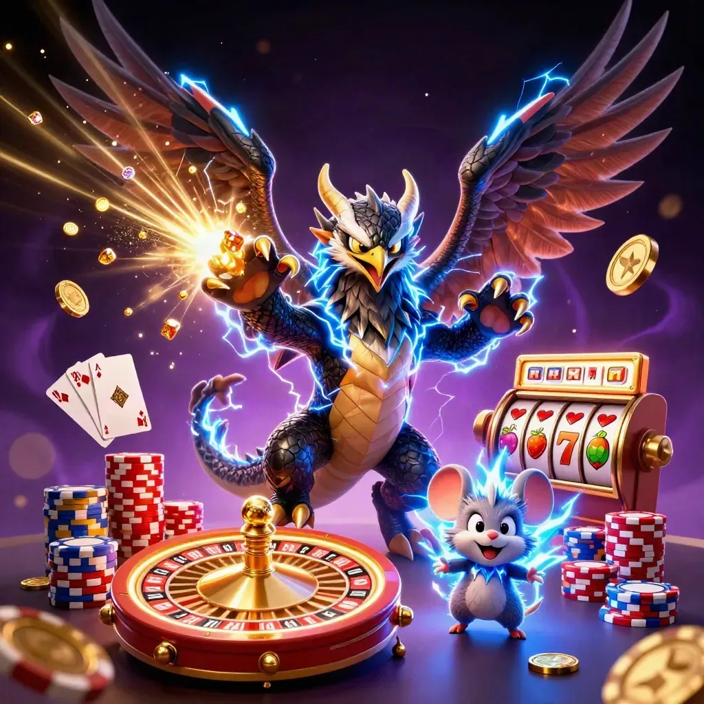 Thunder dragon, wind hawk, and static mouse amid coins, gems, roulette wheel, and casino chips.