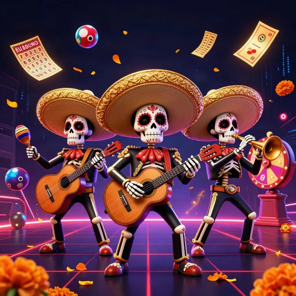 Three skeleton mariachi performers burst through casino effects in neon red and gold