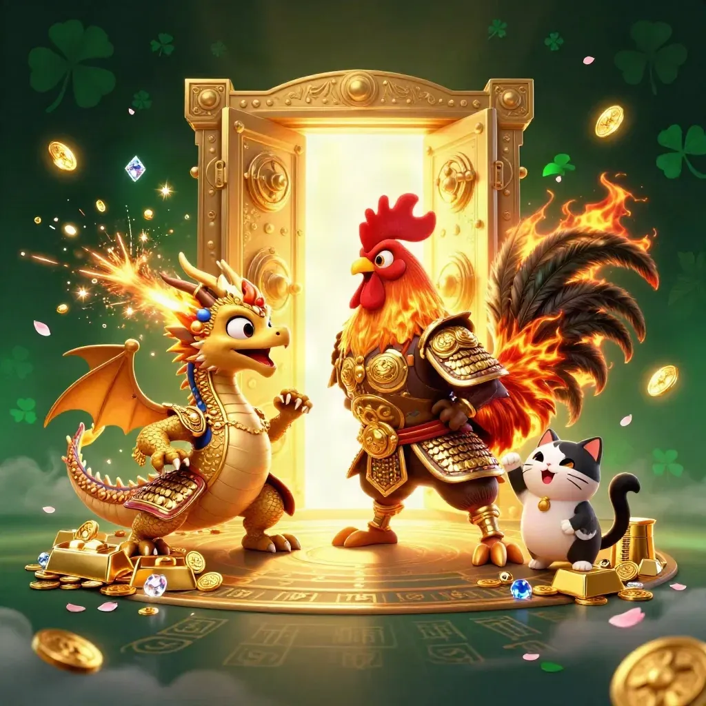 Rooster samurai, spark-breathing dragon hatchling, and fortune cat burst from a golden vault.