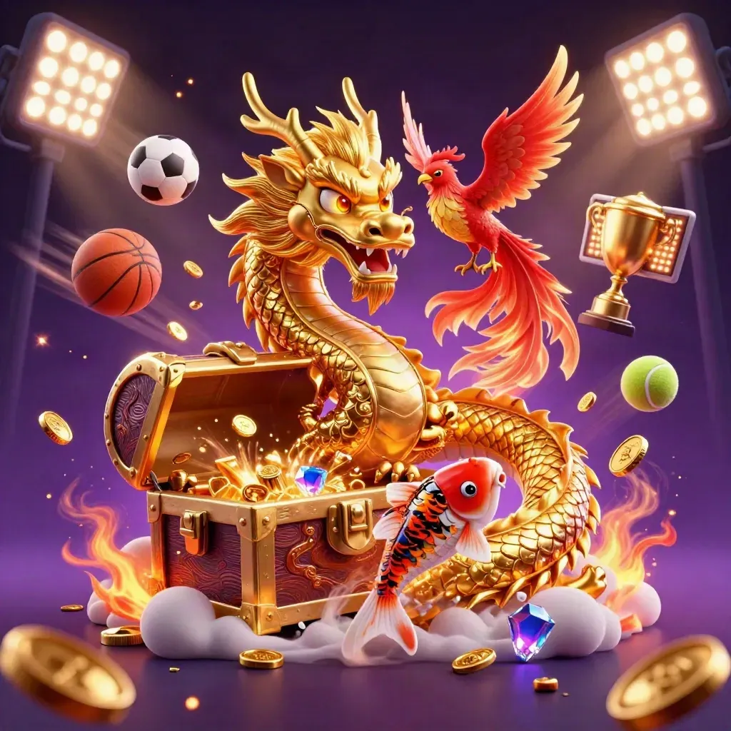 Dragon, phoenix, koi, treasure chest, sports balls, trophy, and casino lights in neon red and gold.