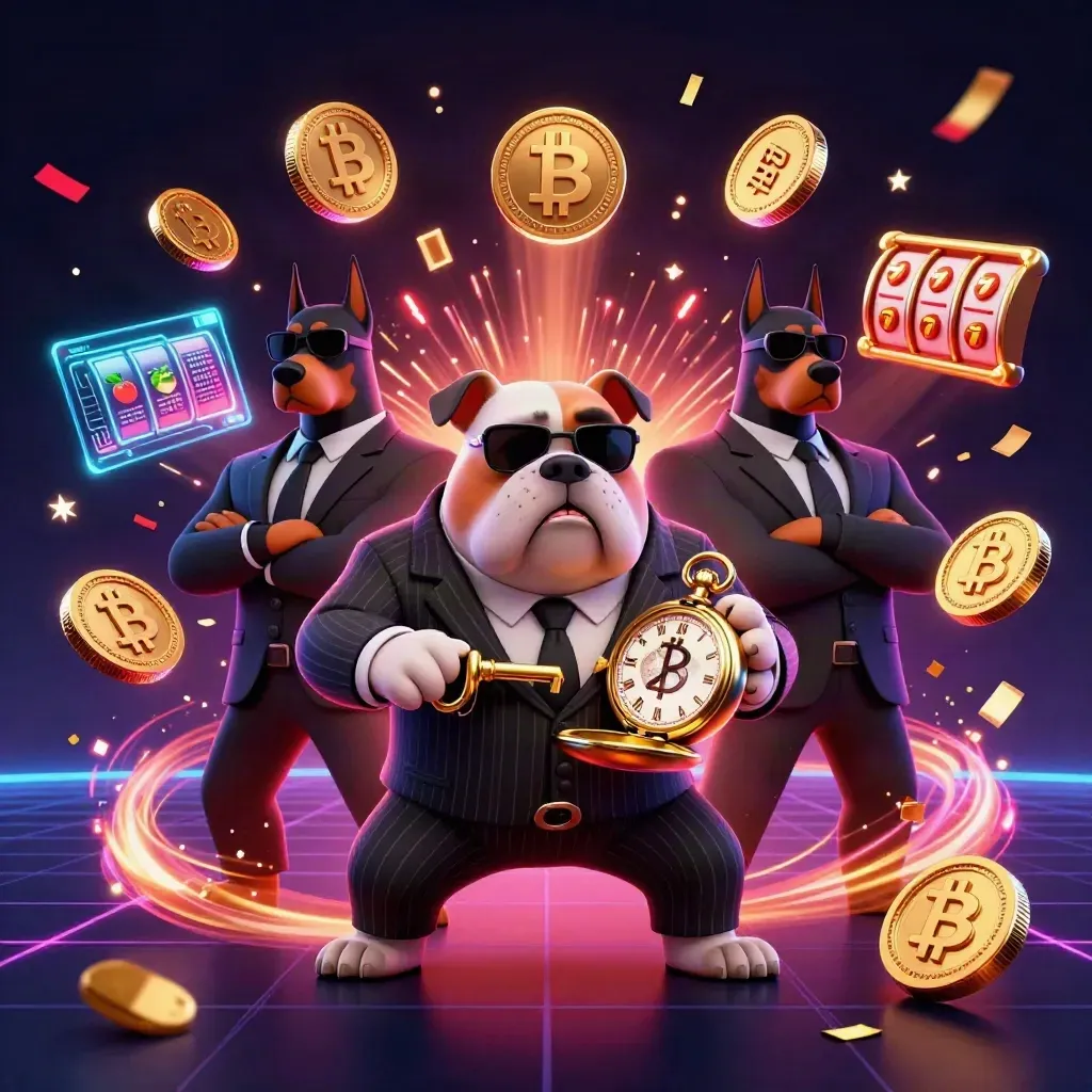 Bulldog boss and two Dobermans amid neon casino crypto bursts, gold watch, red confetti.