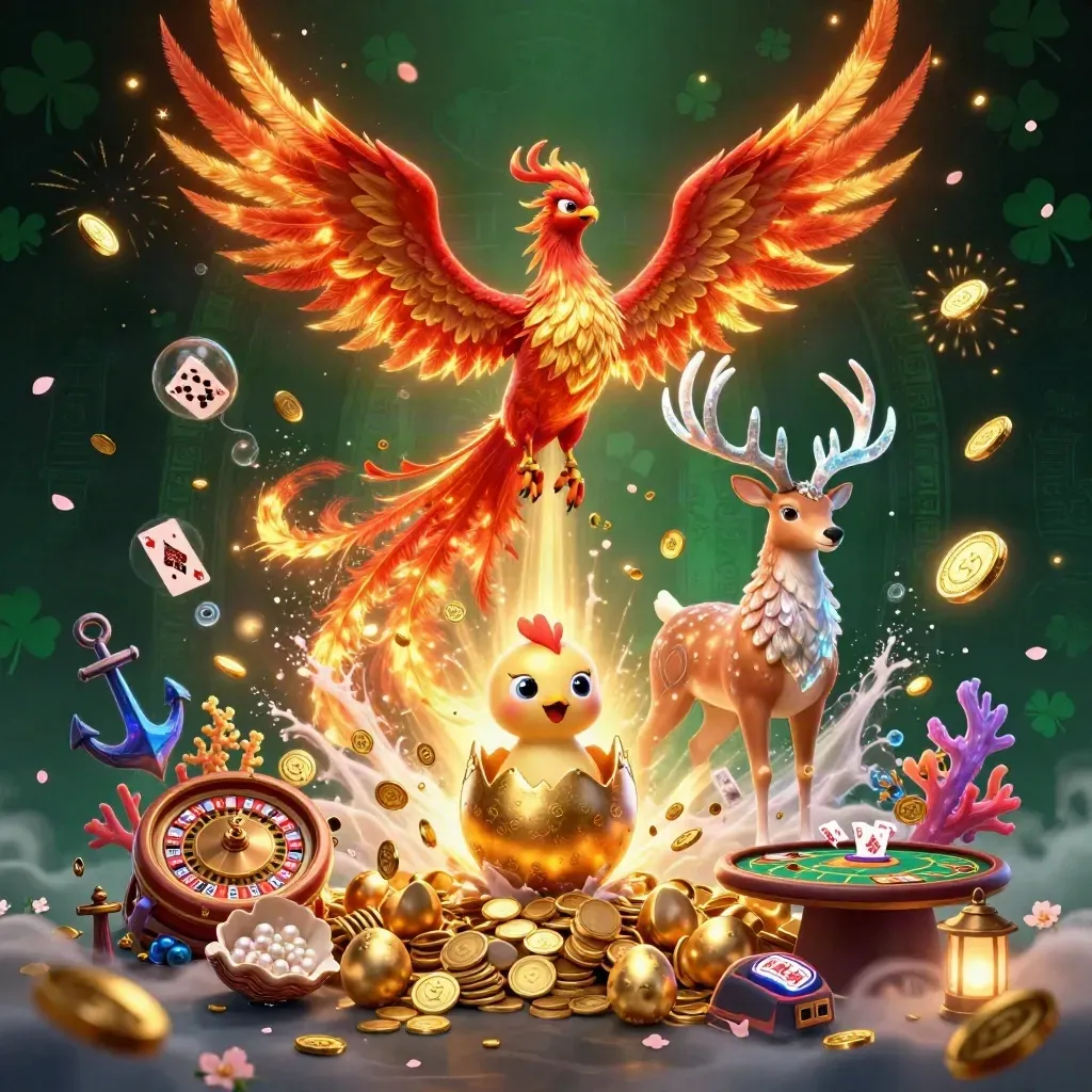Phoenixes and a crystal stag amid a gold-coin burst, roulette wheel, coral, and casino magic.