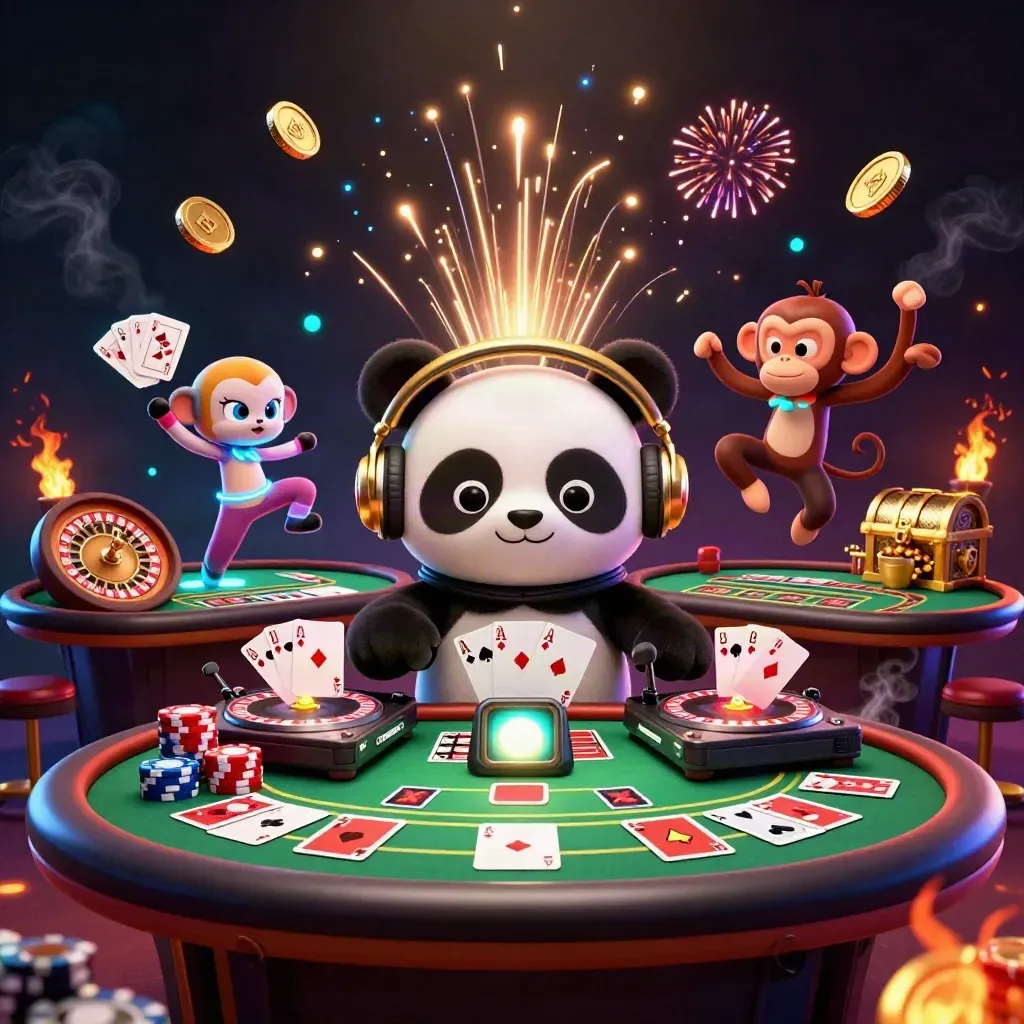 DJ panda, monkey, and kitten in a casino burst of coins, chips, cards, and fireworks.
