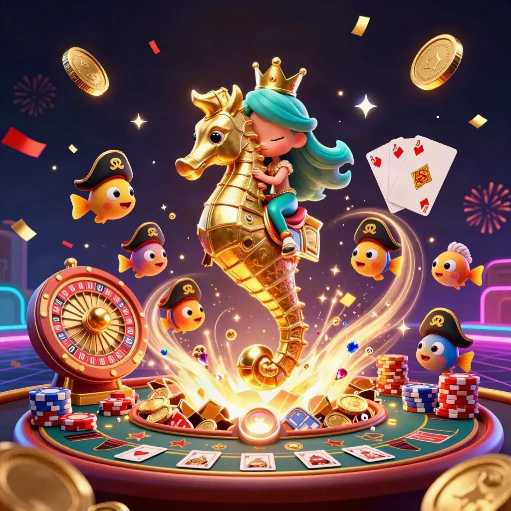 Mermaid princess on armored seahorse amid coins, roulette wheel, chips, fireworks, and pirate fish