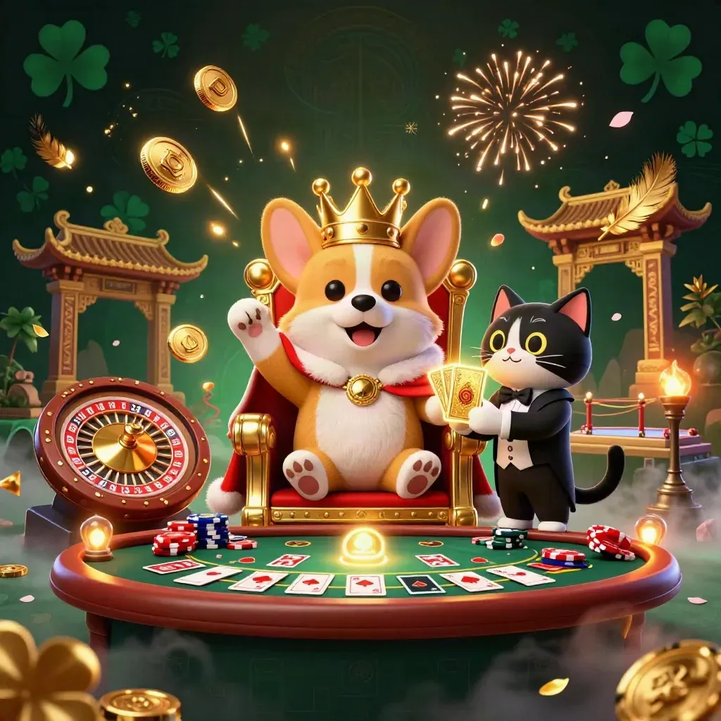 Royal corgi and cat butler amid casino treasure burst, roulette, cards, and fireworks.