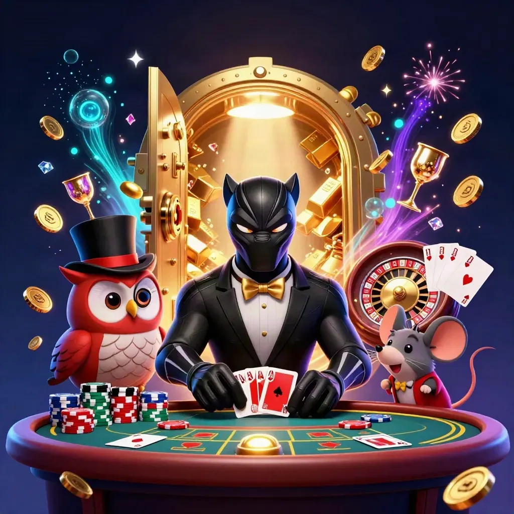 Panther, owl, and mouse at a vault burst with coins, cards, and neon casino glow