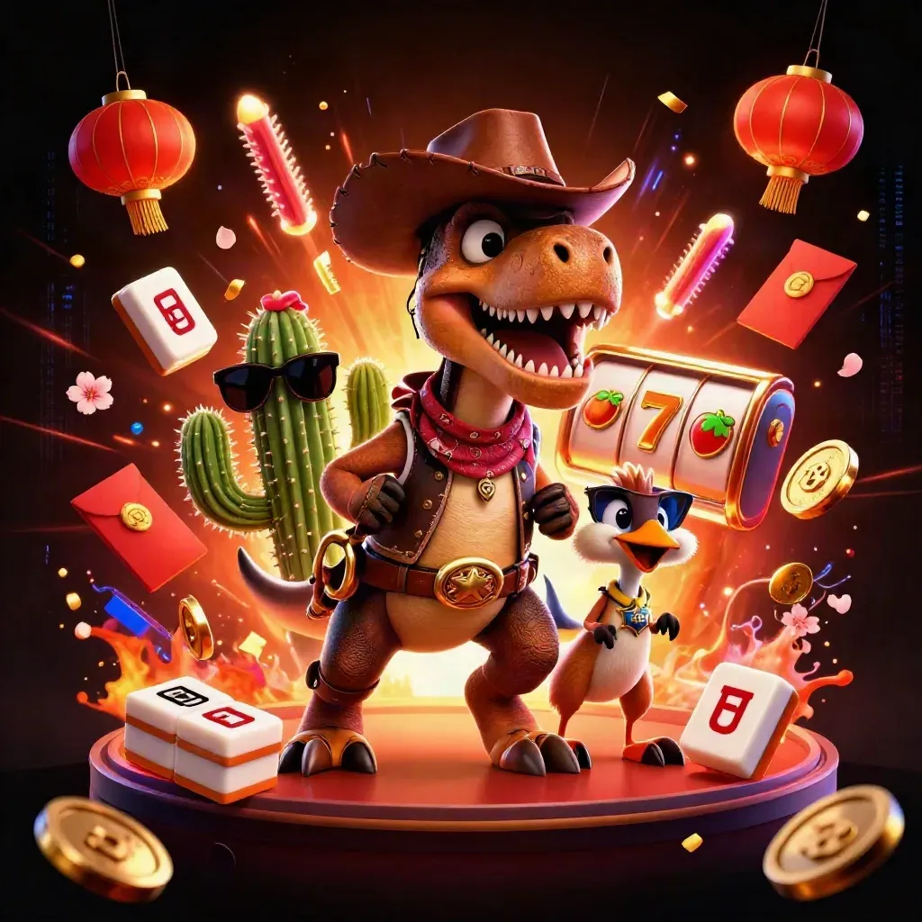 Cowboy T-Rex, cactus sidekick, and sheriff roadrunner amid neon casino effects.