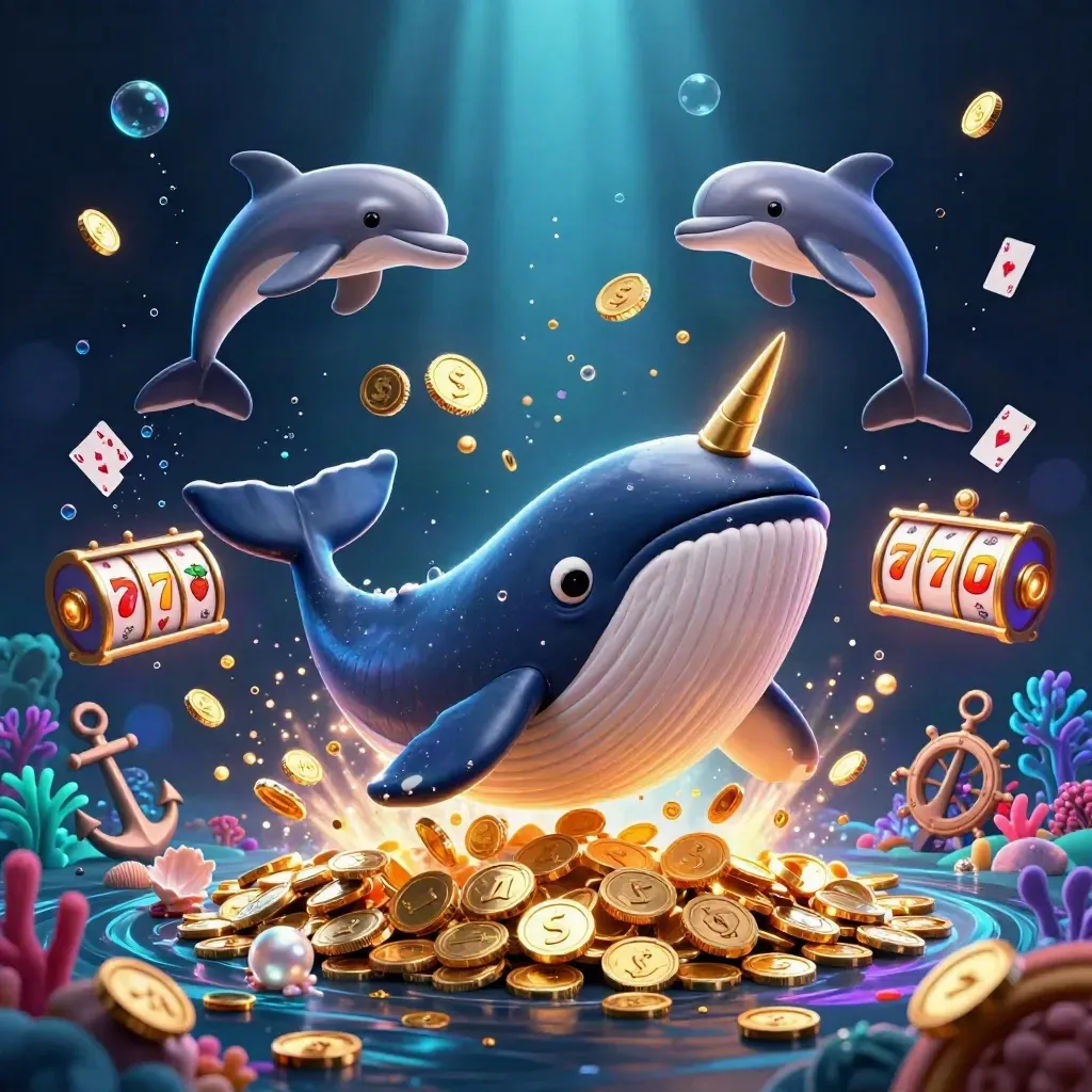 Whale captain, narwhal and dolphins amid coins, coral, cards and glowing slot symbols in a dark neon cove