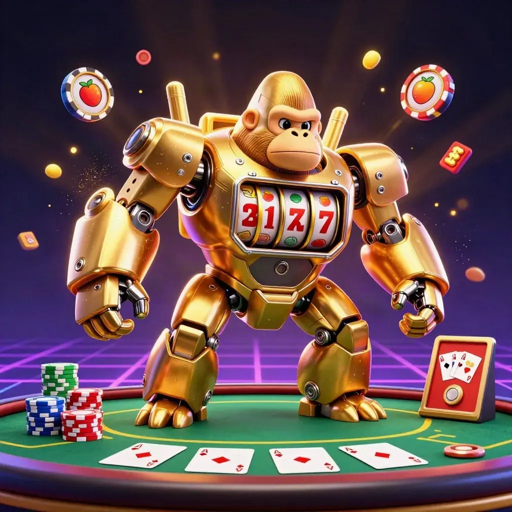 Golden gorilla slot-mech with tiny monkey pilot, chips, aces, reels, and neon casino glow.