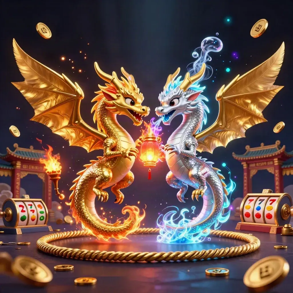 Twin gold and silver dragons spiral in a neon casino fantasy with lantern spirit, coins, reels, and temple gate.