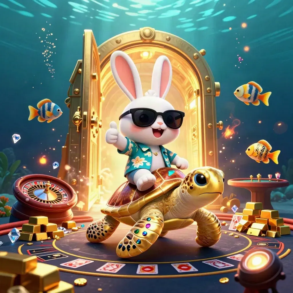 Lucky rabbit on a gold sea turtle with treasure, cards, roulette wheel, and underwater glow.