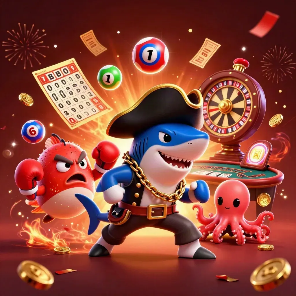 Shark pirate, pufferfish boxer, and juggling octopus amid casino coins and neon sparks.