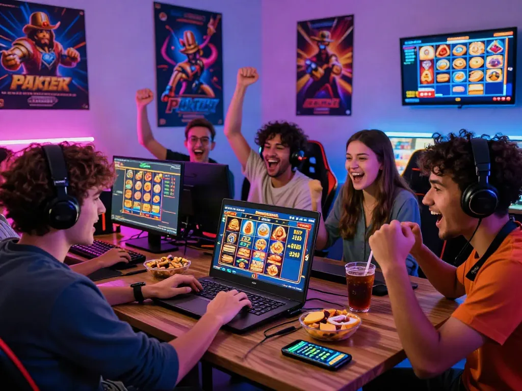Diverse friends enjoying an exciting slot game session in a colorful gaming room, showcasing vibrant LED lights and live RTP statistics.