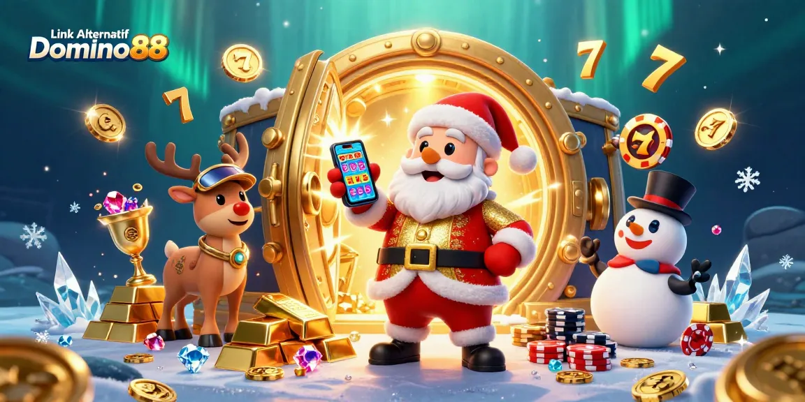 Engage with Link Alternatif Domino88 in this festive 3D illustration showing a jackpot scene with characters and treasures.