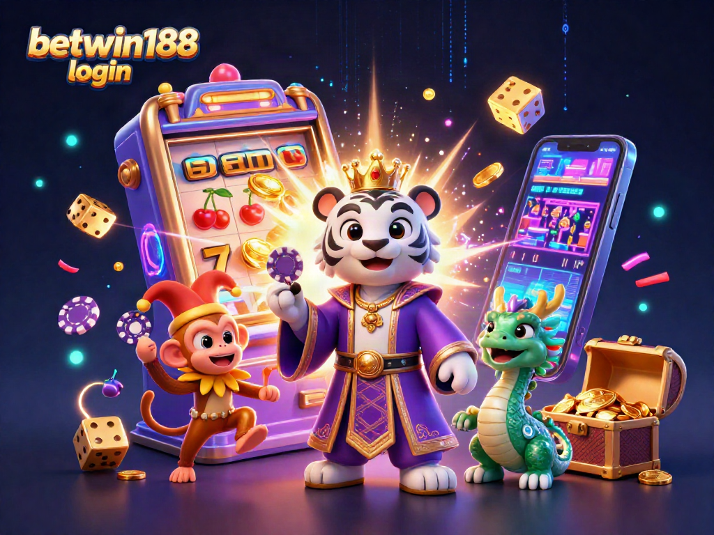 Engage with betwin188 login through a dazzling scene featuring a lively tiger, monkey, and dragon amidst casino excitement.