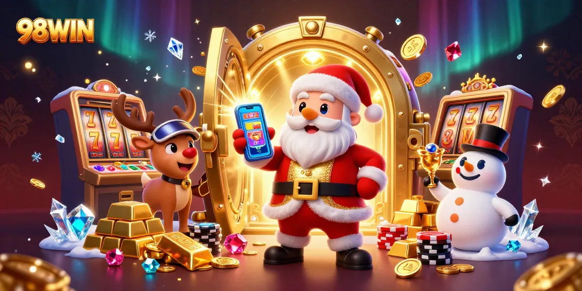 Join the thrilling action at 98WIN with Santa and friends enjoying jackpot slots and casino treasures!