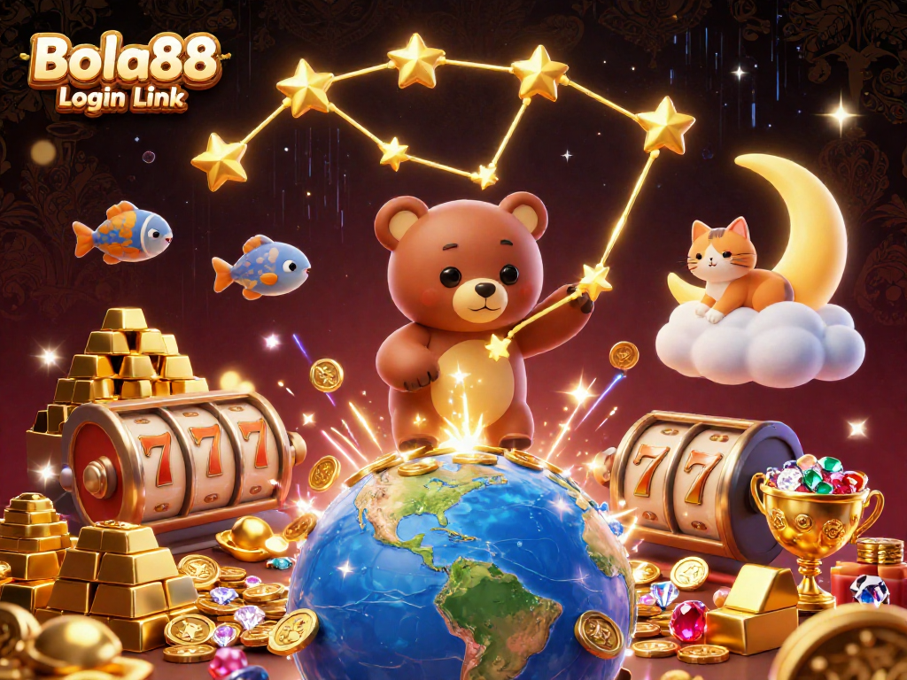 Bola88 Login Link offers a vibrant illustration featuring a constellation bear amidst golden treasures and slot reels.