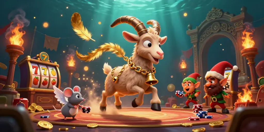 Situs slot gaming scene with Krampus goat and angel mouse amid festive chaos in a vibrant casino