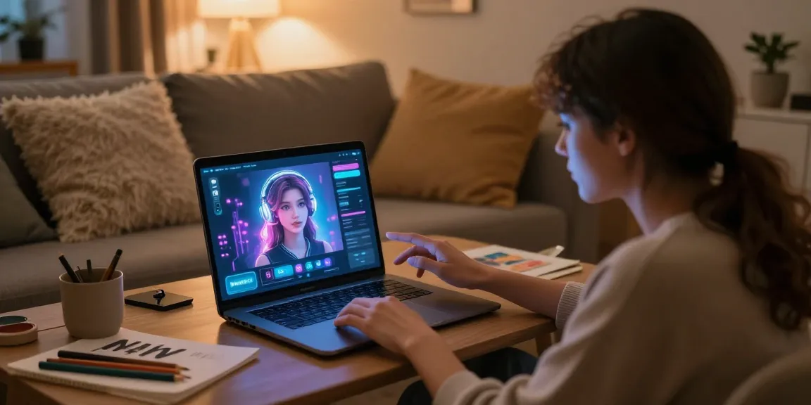User enjoying NSFW AI experience with engaging AI companion at home, futuristic device displaying vivid images.