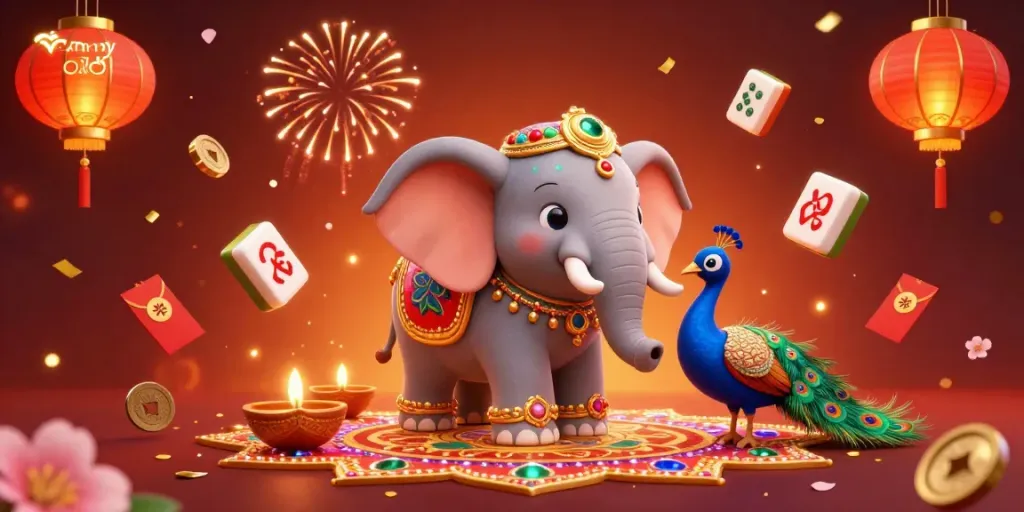Experience the vibrant world of rummy old with an elaborate Diwali-themed scene featuring an elephant and peacock.