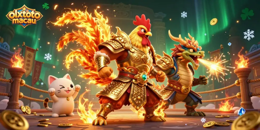 Menyaksikan aksi menegangkan di olxtoto macau, dengan petarung ayam dan naga di arena taruhan tradisional.