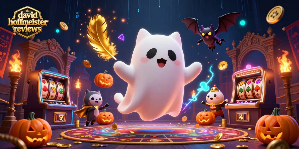 Glimpse of david hoffmeister reviews showcasing a lively casino scene with a ghost cat and vampire bat.