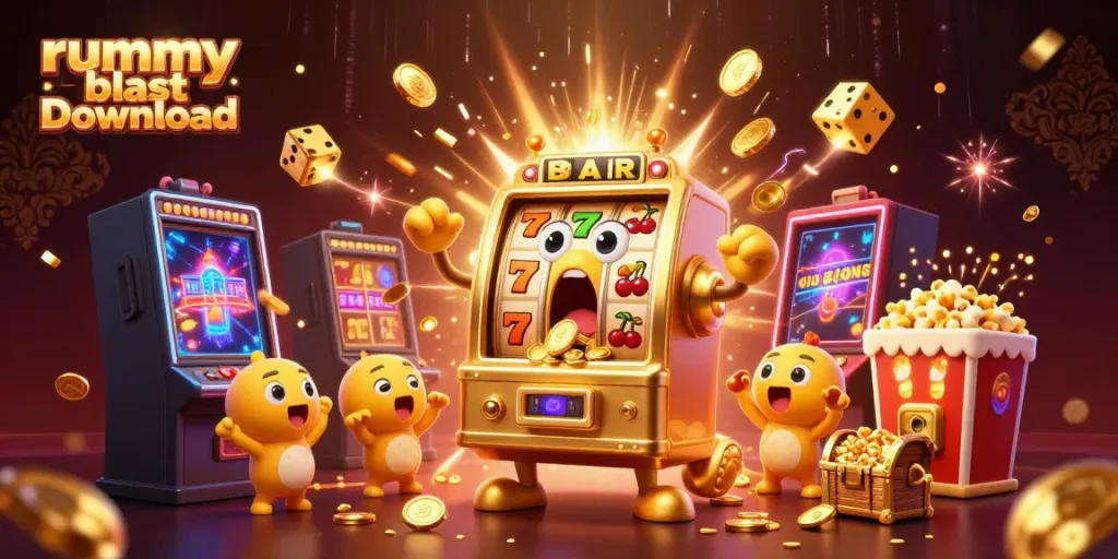Experience the thrill of rummy blast download with a vibrant 3D illustration of a golden slot machine hitting a jackpot.