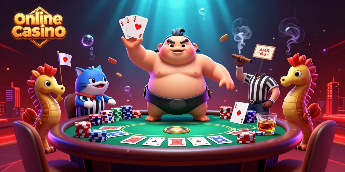 Engage in the vibrant underwater online casino scene with a blowfish poker champion surrounded by thrilling game elements.
