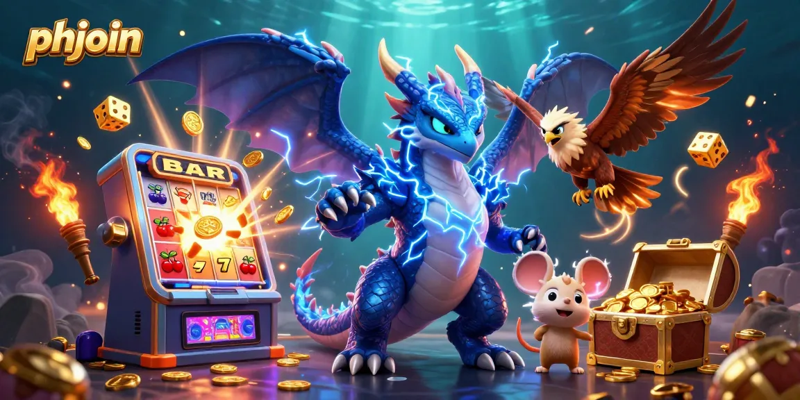 Win big with phjoin at the slot machine, featuring a jackpot explosion, glowing dragon, and thrilling casino scene.