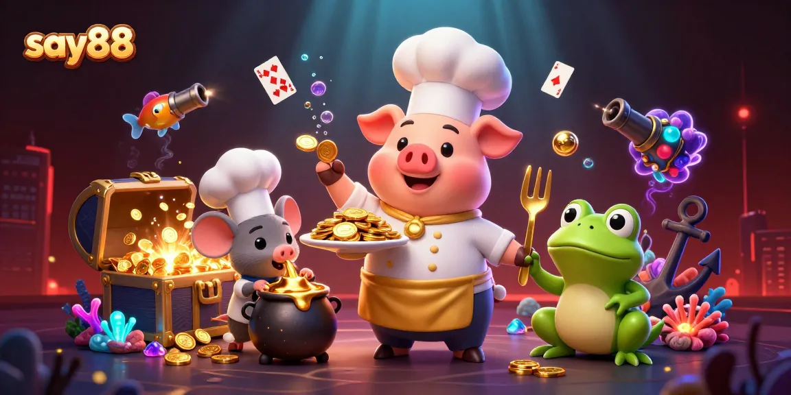 Experience thrilling wins at say88 with a lively 3D illustration featuring whimsical casino elements.