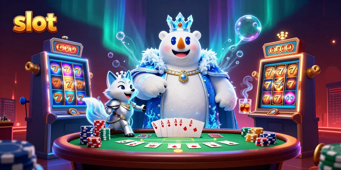 Experience thrilling slot gaming action with a cartoon ice king and snow fox in a vibrant casino