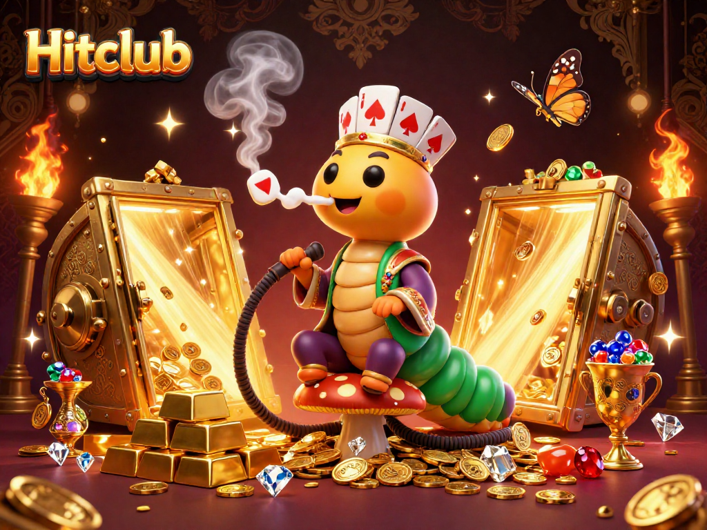 Hitclub celebrates fortune with a 3D caterpillar master amidst treasure and poker symbols.