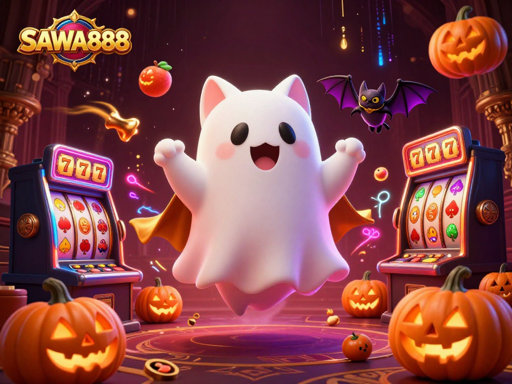 Experience SAWA888’s dynamic ghost cat and vampire bat in a haunted casino with vibrant elements.