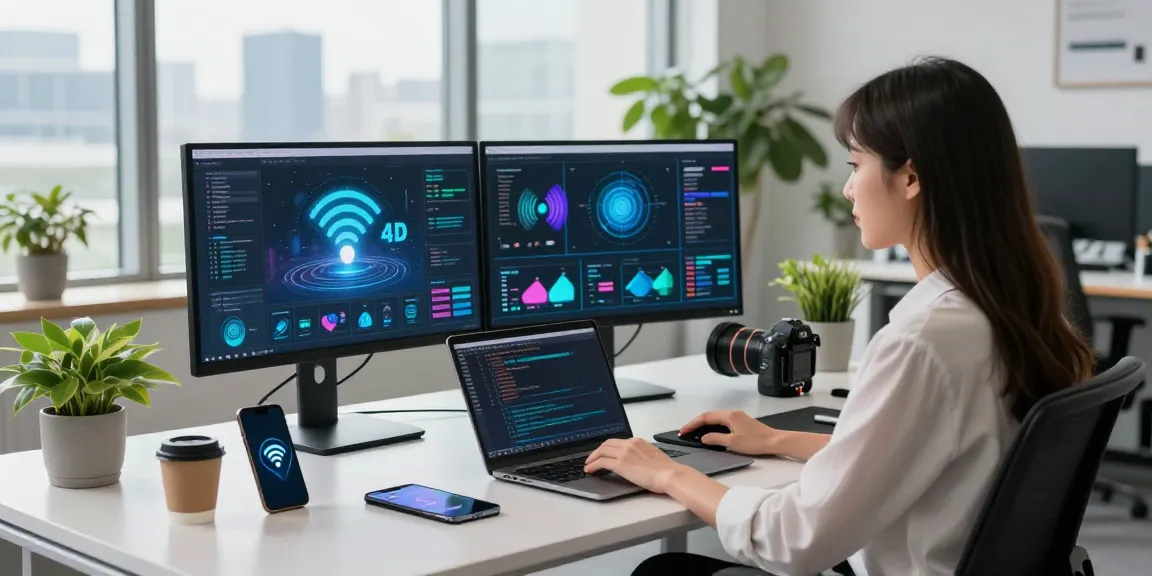 Gadis profesional bekerja dengan teknologi wifi 4d di ruang kantor modern