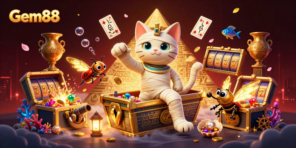 Gem88 showcases an Egyptian mummy cat and glowing scarab in a vibrant casino scene.
