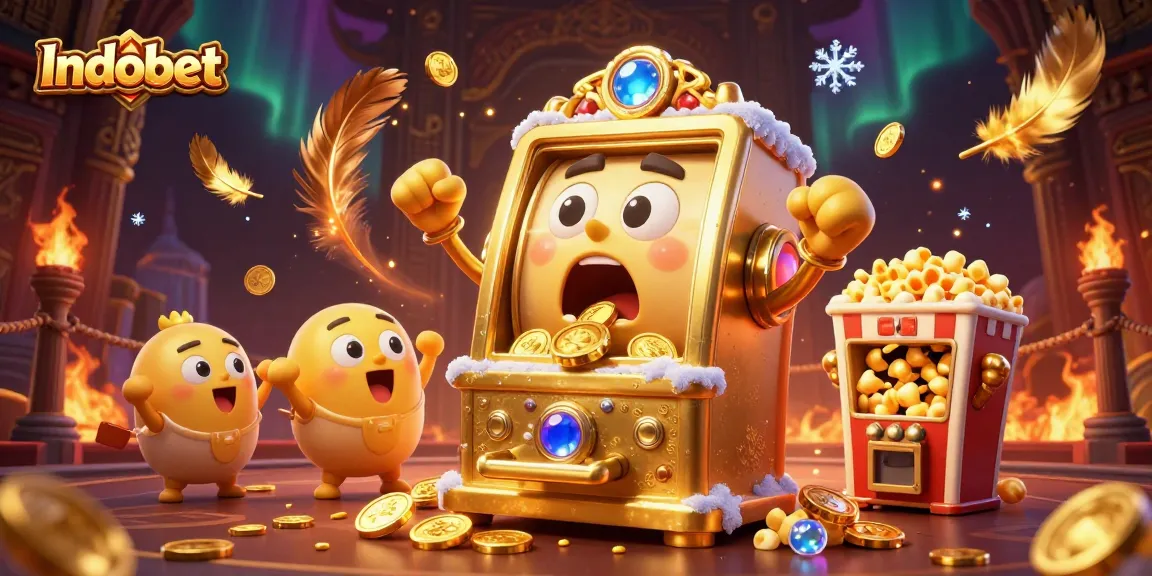 Indobet menghadirkan slot mesin emas yang bersorak saat mendapatkan jackpot dengan koin yang berjatuhan.