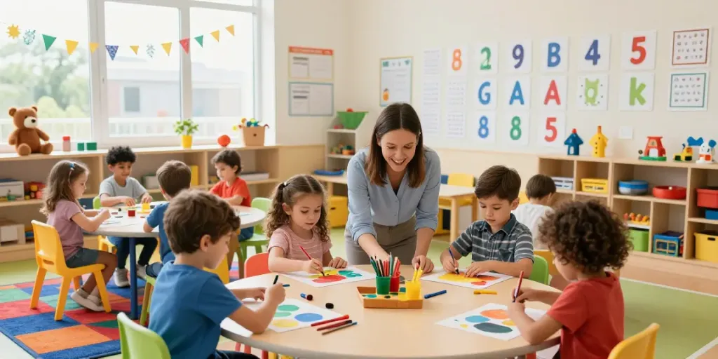 Interactive learning moment in a preschool classroom showcasing https://podarprep.com/locations vibrant educational environment.