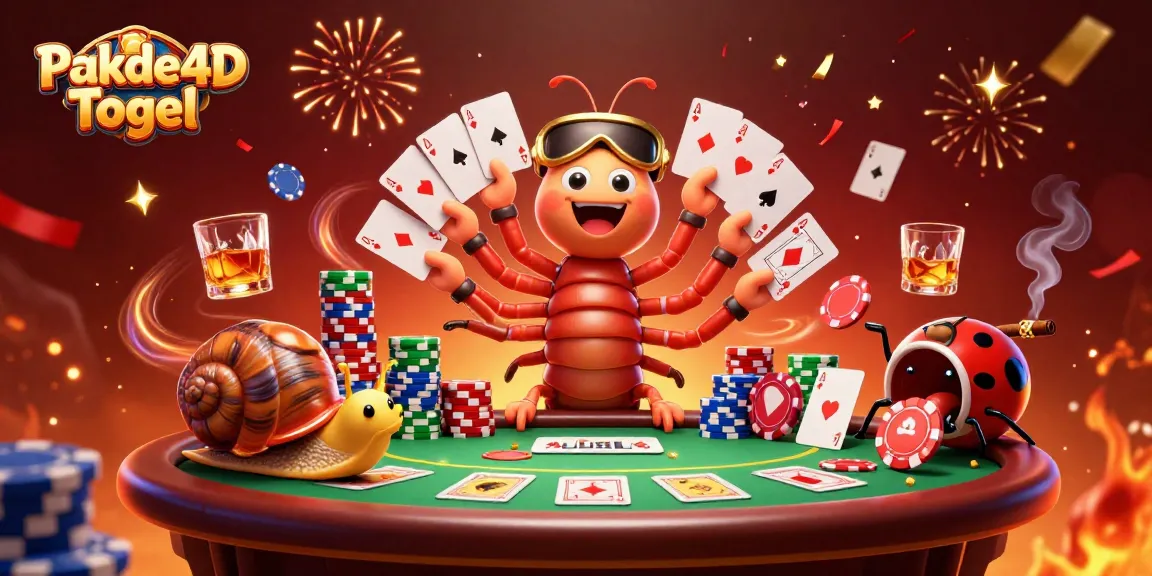 Experience Pakde4D Togel with a lively casino scene featuring a dynamic millipede dealer and joyful characters.