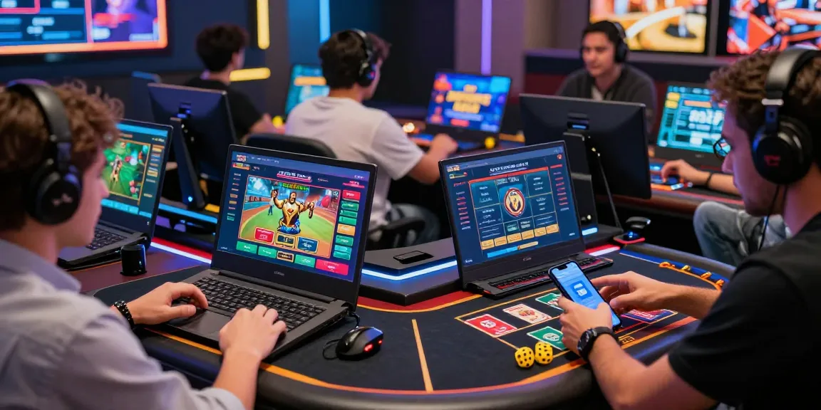 Exciting LUCK8 online casino scene with diverse players engaged in live sports betting on multiple devices, showcasing vibrant graphics and lively atmosphere.