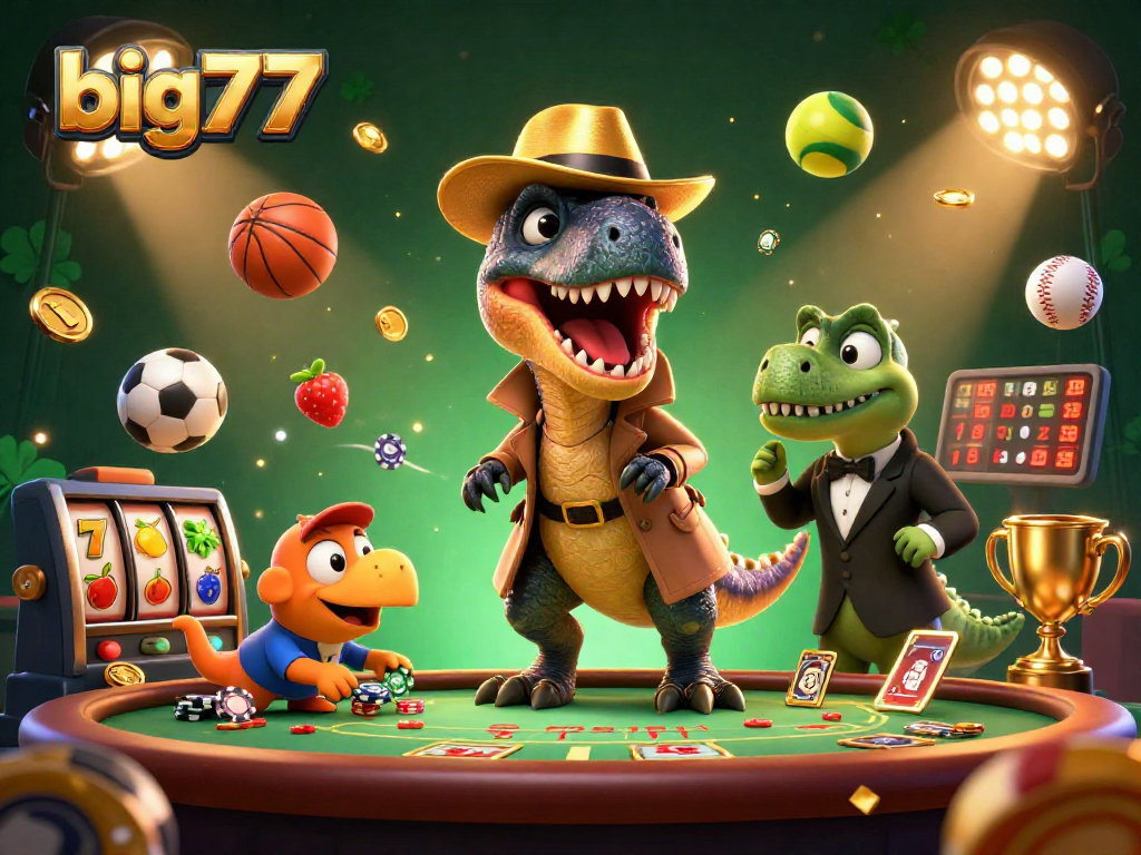 big777 showcases a velociraptor card counter among slots and vibrant casino elements.