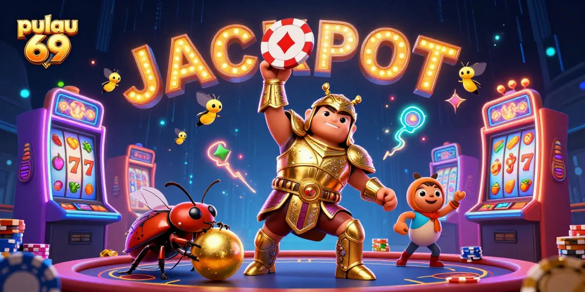Engage with pulau 69's thrilling gameplay featuring a triumphant beetle lifting a poker chip.