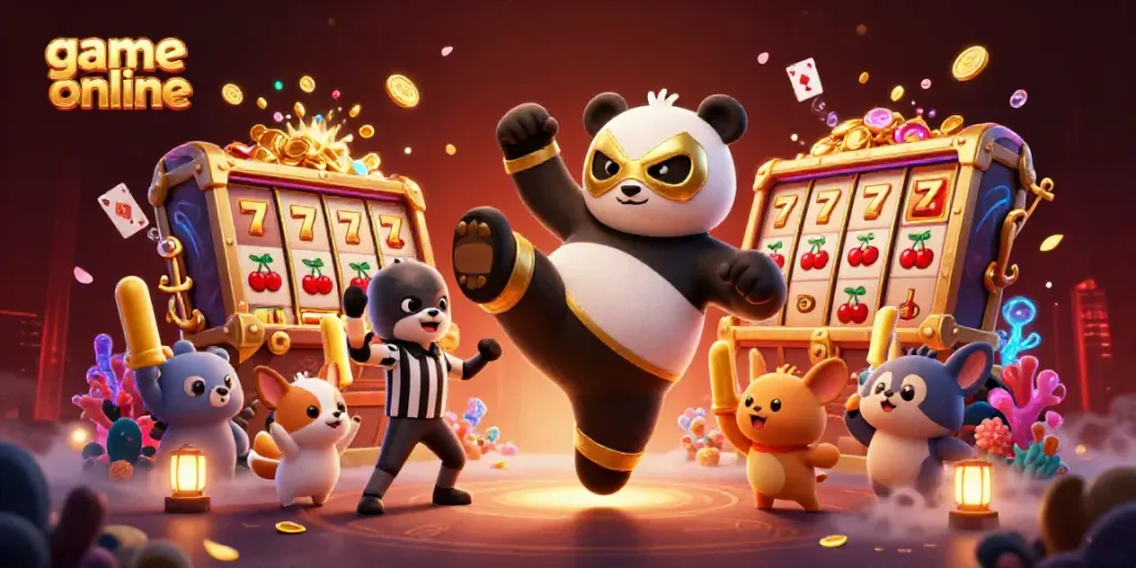 Experience thrilling game online with a panda wrestler and vibrant casino elements.