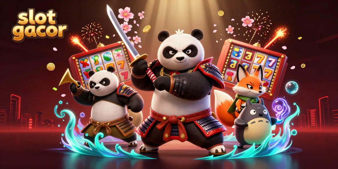 Slot gacor menampilkan panda samurai dan rubah ninja di tengah permainan slot penuh warna dan keberuntungan.